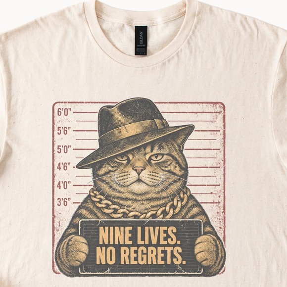 Gildan Tops - Nine Lives No Regrets Tabby Cat Mugshot Tee